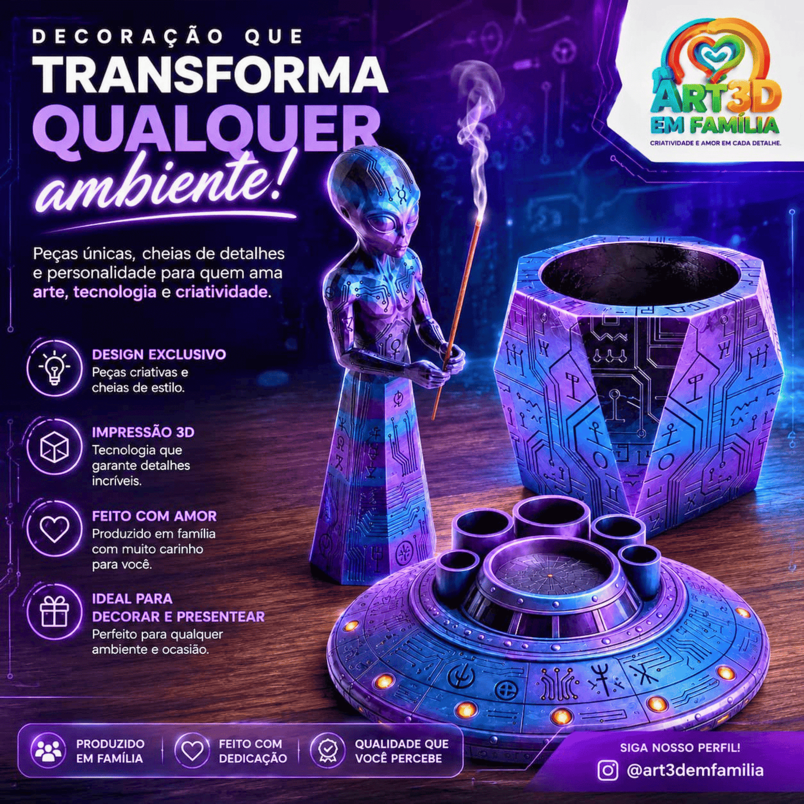 Kit Ufologia Deuses Alienígena Incensário Ovni 3 Peças Ovni Premium